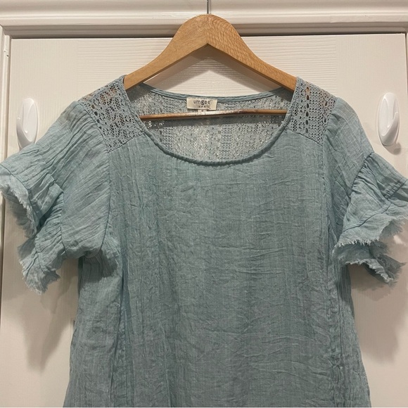 Umgee Mini Dress Women’s Medium Light Blue Gauzy Cotton Blend Lace Crochet Boho - Picture 3 of 10